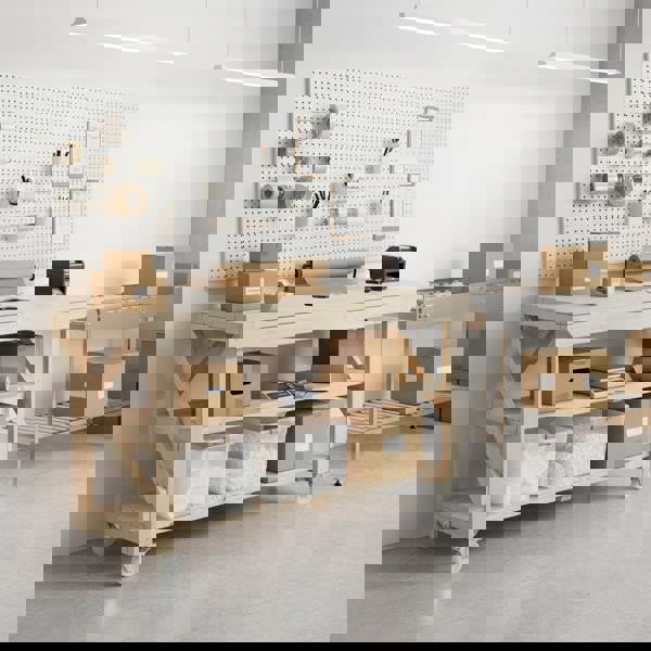 Arbor Garden Solutions Acorn Wooden Workbench With Double Shelf and Wheels