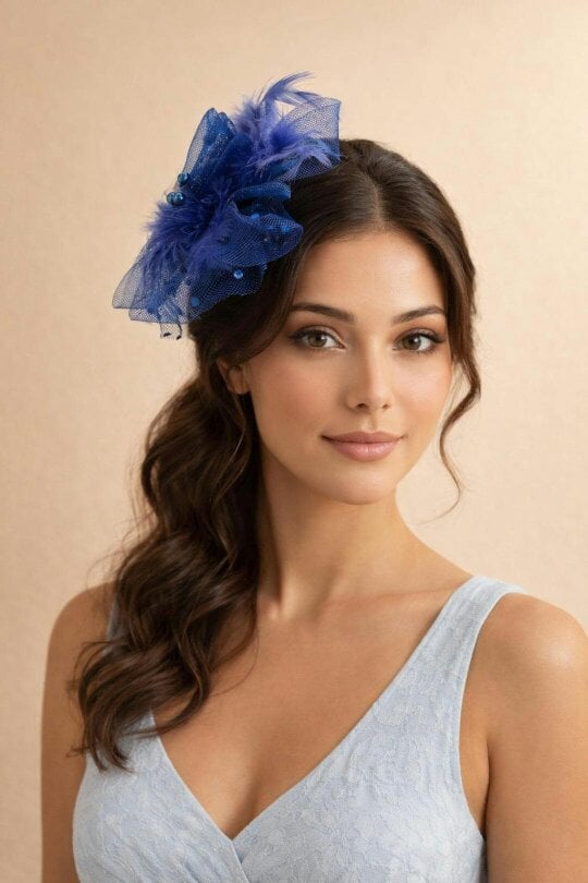 SVNX Rosette Faux Pearl & Polka Veil Feather Fascinator in Navy