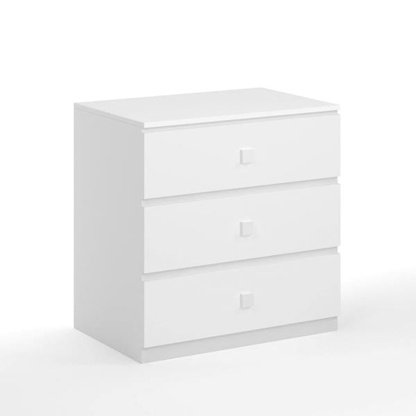 A white chest of drawers, featuring 3 pull out drawers.