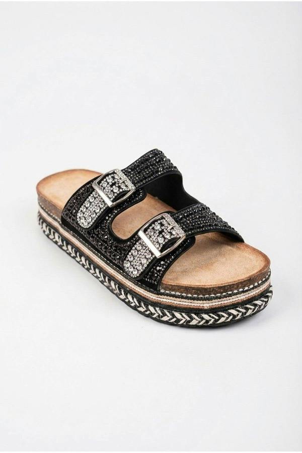 Aria Womens Rhinestone Buckle Platform Sandals - BLACK
