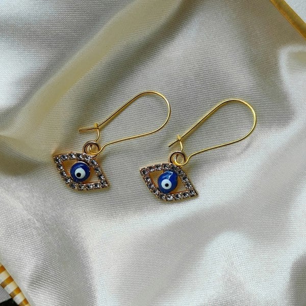 The Colourful Aura Long Silver Evil Eye Huggie Dainty Zircon Devil Eye Charm Latch Back Earrings