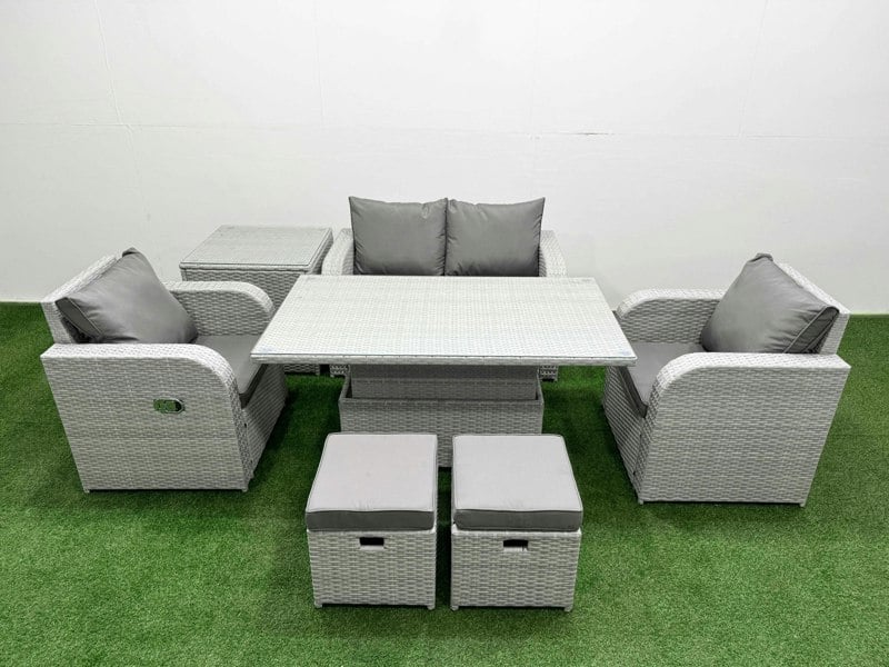 Fimous 6-Seater Light Grey PE Rattan Sofa Set | Outdoor/Indoor Reclining Chair, Adjustable Coffee/Dining Table, 2 Footstools, Side Table