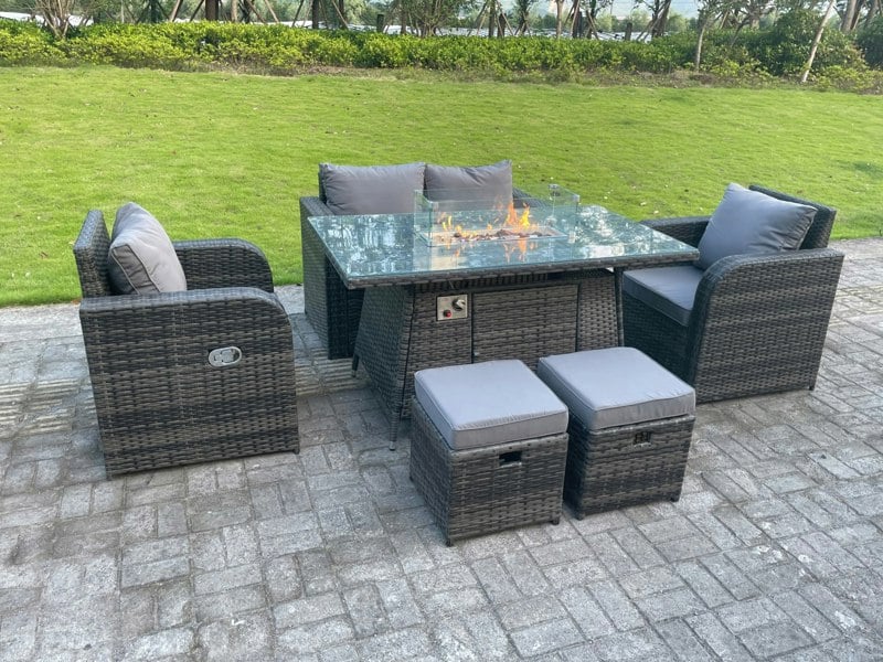 Fimous 6-Seater Rattan Outdoor Gas Fire Pit Lounge Set | Reclining Chairs, 2-Seater Sofa, Footstools | Dark Grey