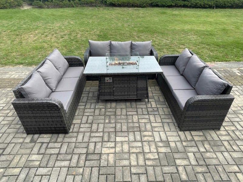 Fimous Rattan Garden Furniture Set with Fire Pit Table 4 Pieces Outdoor Lounge Sofa Set Dark Grey Mixed