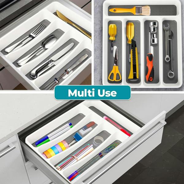 Top 3 5 Compartment Utensil Cutlery Tray Organiser White and Grey