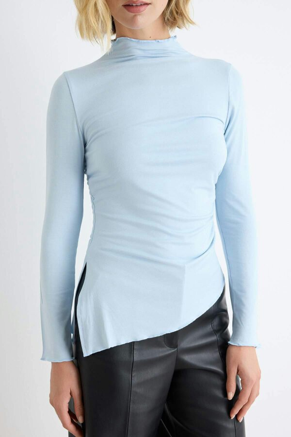 WOVCOR High Neck Asymmetric Long Sleeve Fitted Blouse