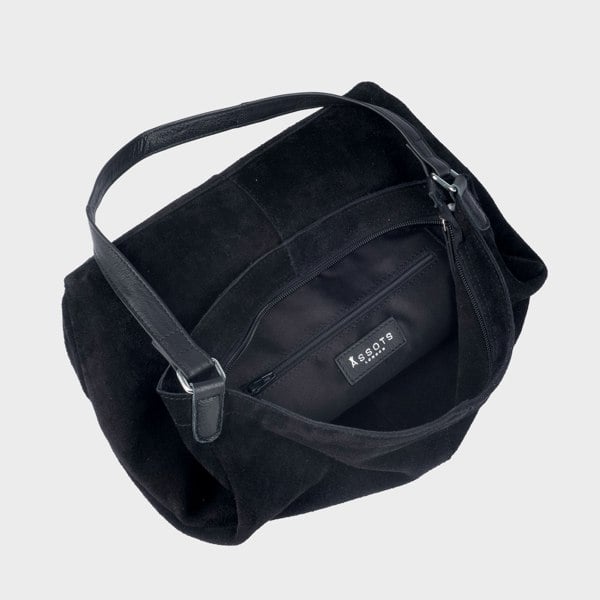 Assots London 'TINA' Black Suede Real Leather Unlined Slouchy Shopper Tote Bag