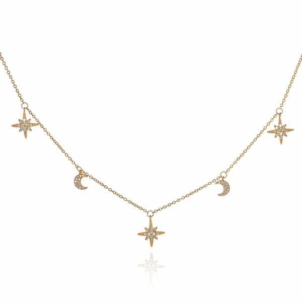 namana Gold Plated 925 Sterling Silver Moon and Star Charm Necklace For Women
