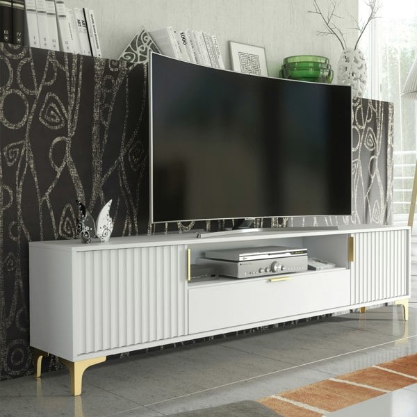 Mex Furniture Luxurious White TV Stand with Fluted Doors & Gold Accents – 200cm Media Console