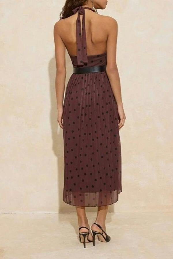 WOVCOR Polka Dot Waist-Stringed Halter Neck Pleated Maxi Tulle Knit Dress