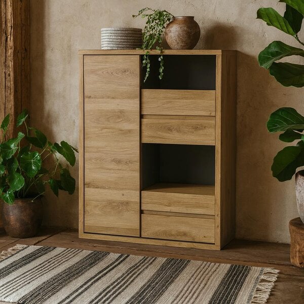 Wyld Haus Athens Natural Oak Wood Effect 1 Door 4 Drawer Display Cabinet