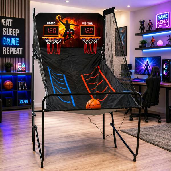 Gr8 Home Indoor Electronic Basketball Arcade Game Dual Hoop Folding with Electronic Scoreboard & Ball Set