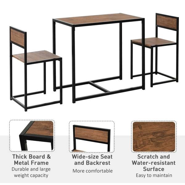 Dining table with two chairs, black steel frames and natural wood-look tabletops