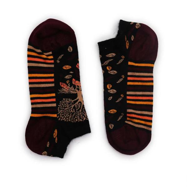Pair of dark maroon low-cut bamboo socks with orange stripes and tree/leaf patterns