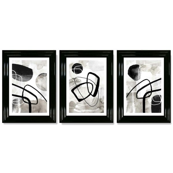 Artze Wall Art Set of 3 Abstract Black Grey Watercolour Framed Wall Art
