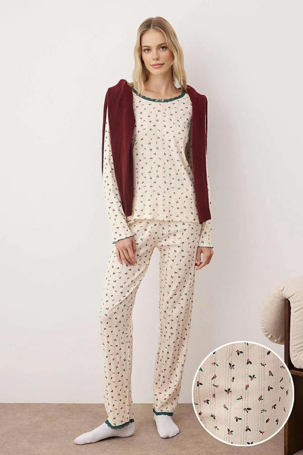 WOVCOR 2-Piece 100% Cotton Floral Lace Detail Ribbed Knit Pajama Set