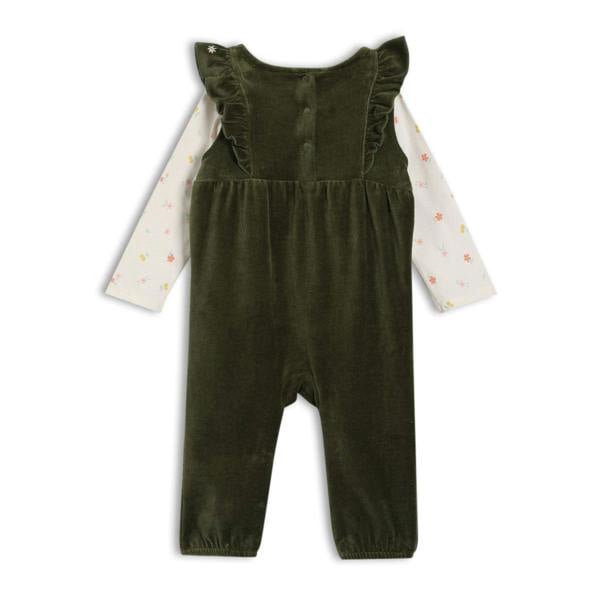 Mini Cuddles Baby Girls Floral Embroidered Dungaree 3pc Set, Green