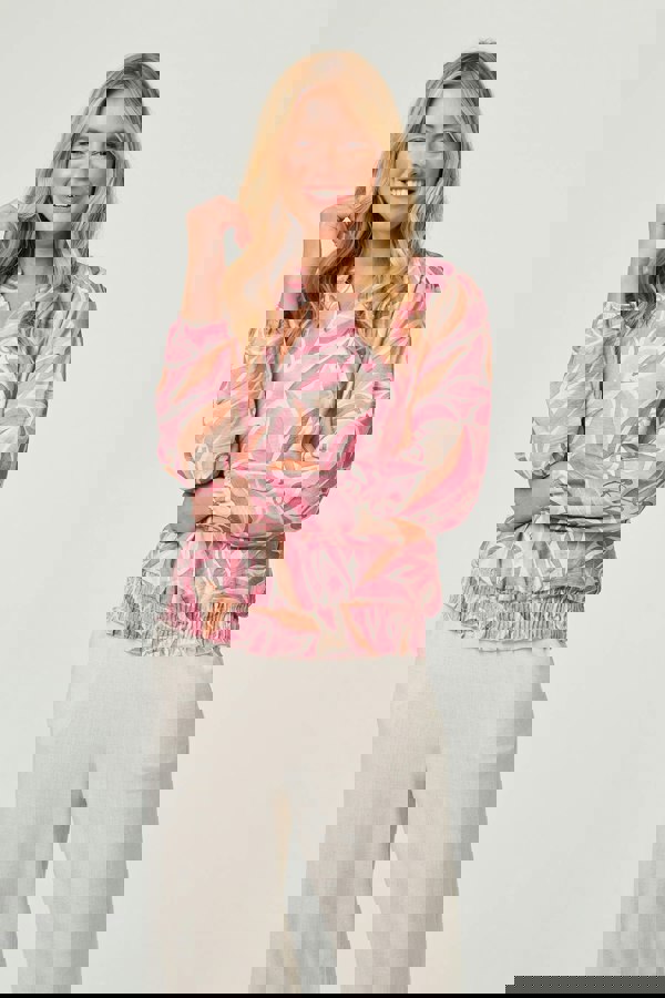 Pink | Floral Shirred 3/4 Sleeve V-Neck Blouse
