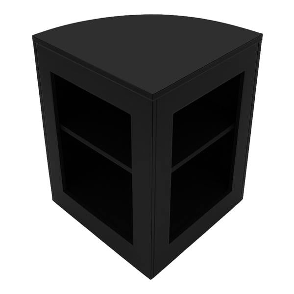 Sleek black corner display counter with two shelves, featuring a modern design and smooth finish, perfect for retail spaces