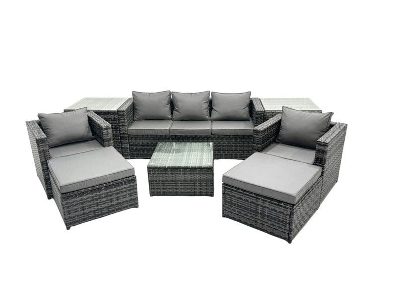 Fimous Outdoor Rattan Garden Furniture Set 7 Seater Patio Lounge Sofa with Armchair Square Coffee Table 2 Side Tables 2 Big Footstool Dark Grey Mixed