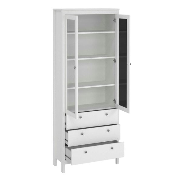Wyld Haus Gossmere White Wooden China Cabinet 2 Glass Doors 3 Drawers Silver Handles