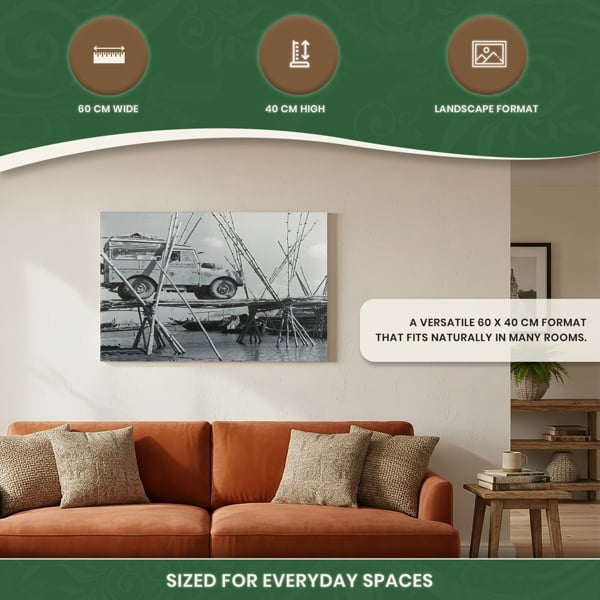 Series 1 Land Rover Crossing a Bamboo Bridge Canvas Print, Circa 1955 Oxford and Cambridge Challenge Scene, 60 x 40 cm