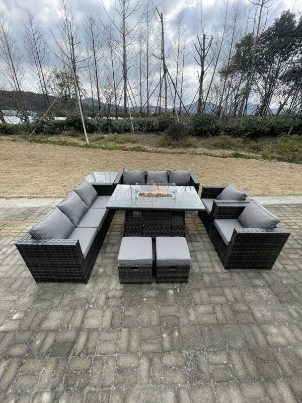 Fimous 10 Seater?Outdoor Lounge Rattan Sofa Set Garden Furniture Gas Firepit Set Dining Table With Chair Coffee Table Stools Dark Grey Mixed