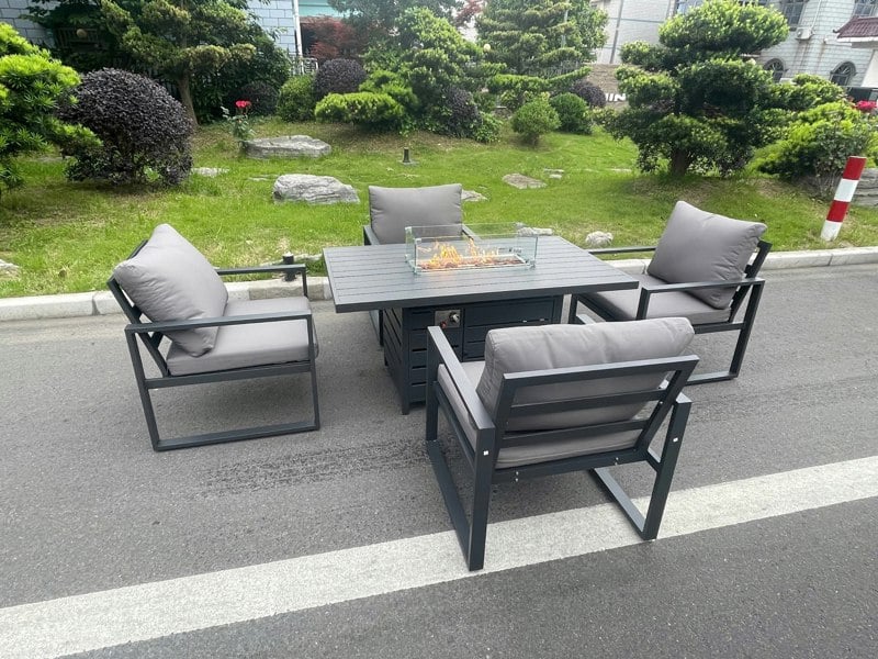 Fimous Aluminum Top 4 Seat Garden Furniture Dining Set Gas Fire Pit Table And Chairs Burner Heater Patio Outdoor Dark Grey