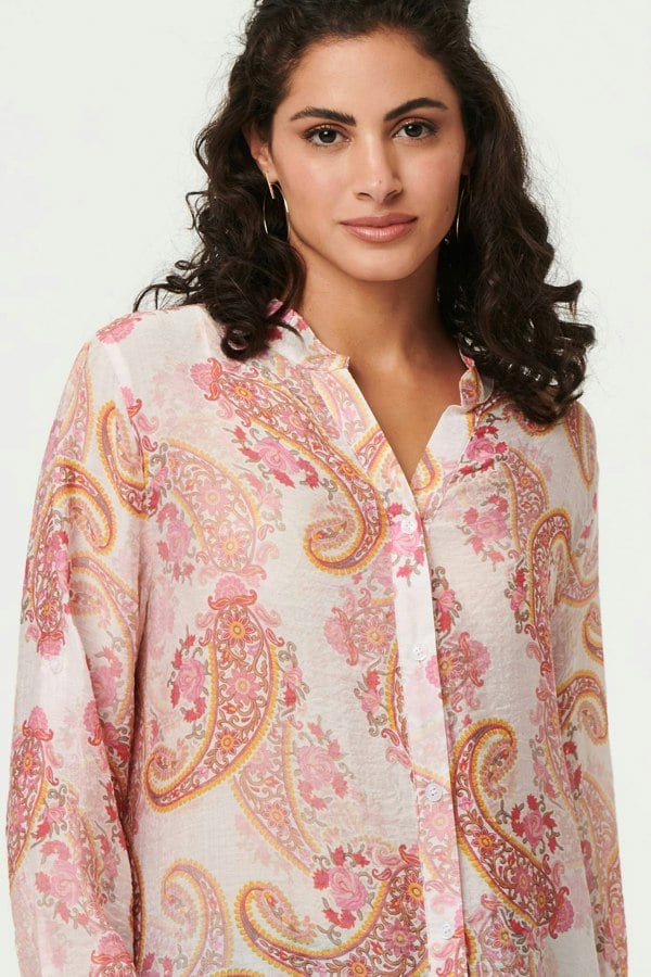 Pink | Paisley Long Sleeve Sheer Longline Shirt
