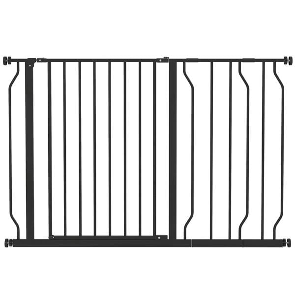 Black pressure-mounted pet safety gate with vertical bars and a hinged door panel