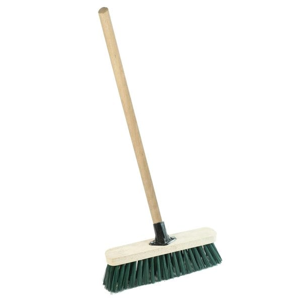 1 x Green 12" Strong PVC Bristle Brooms With Wooden Handle Ideal For Driveways, Warehouses & Garages