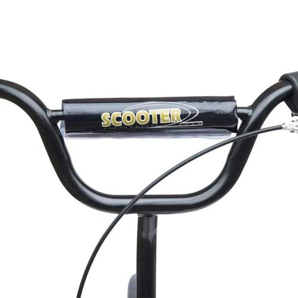 Pink scooter handlebar with black grips and front frame support