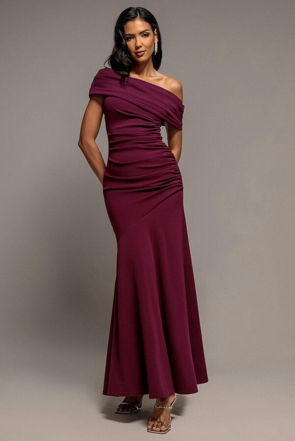 Goddiva Pleated One Shoulder Bardot Fit And Flare Maxi Dress - Plum by Goddiva