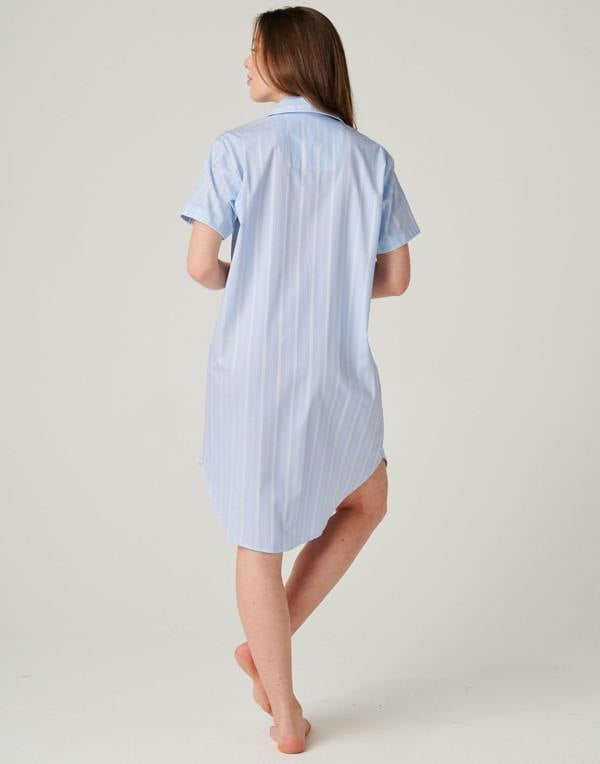 British Boxers Women's Cotton Short Sleeve Nightshirt – Breezy Blue Satin Stripe