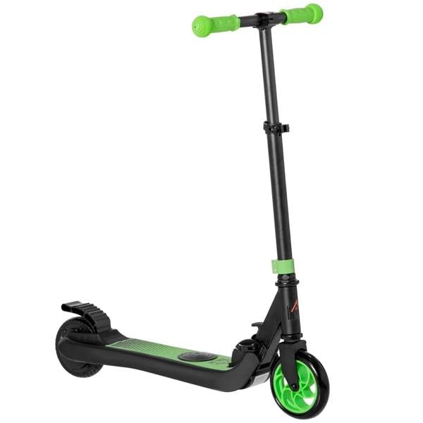Green folding electric scooter with brake, black deck and front wheel, handlebar grips