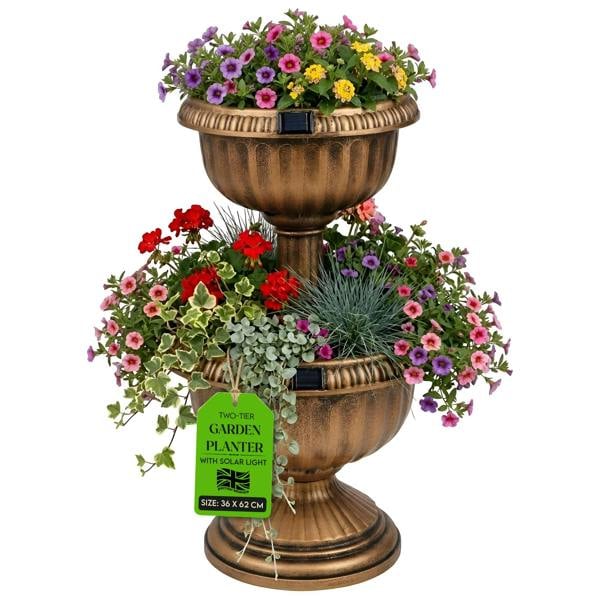 My Garden Outdoor Living MY Garden Planter 2 Tier with Solar Powered 8 LEDs-Tower Flower Planter with Bronze Antique Effect-Weather Resistant