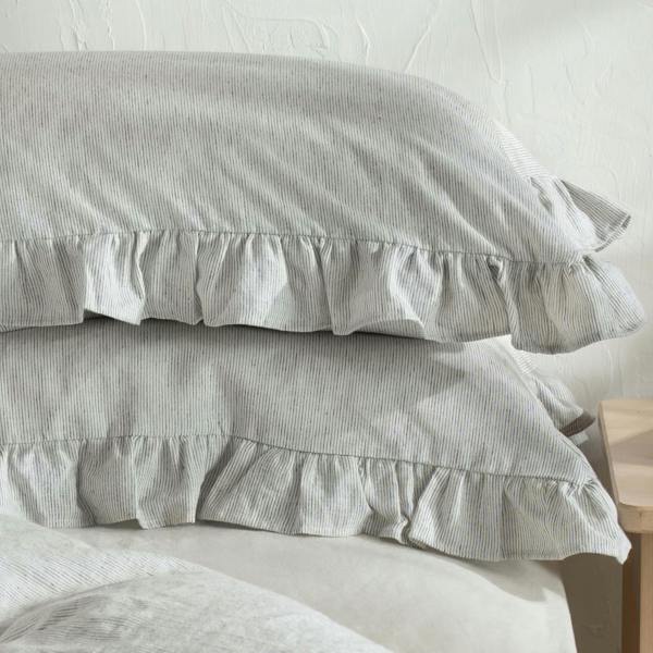 White & Grey Ruffled Linen Cotton Blend Bedding close-up detail 2 | Soak and Sleep