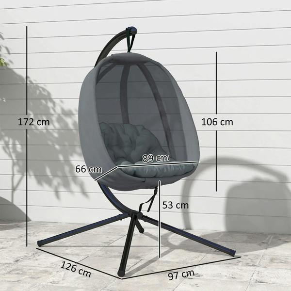 Grey egg chair swing hammock with breathable mesh pod and padded cushion
