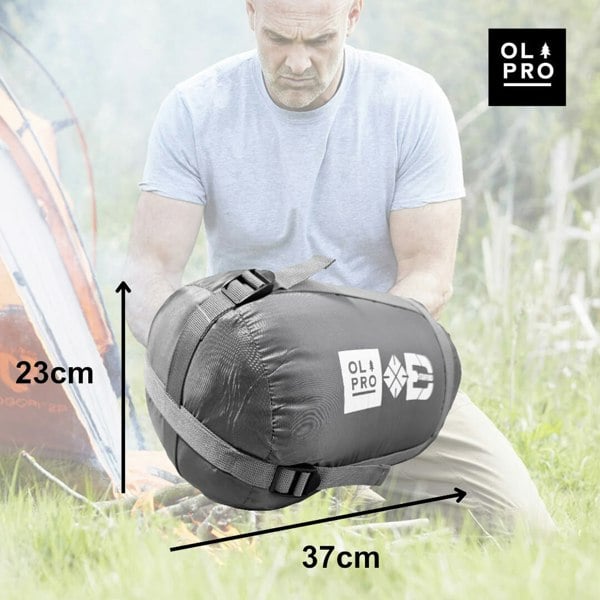 An info graphic depicting the packed dimensions of the OLPRO X Stafford sleeping bag with Ed Stafford as the background.