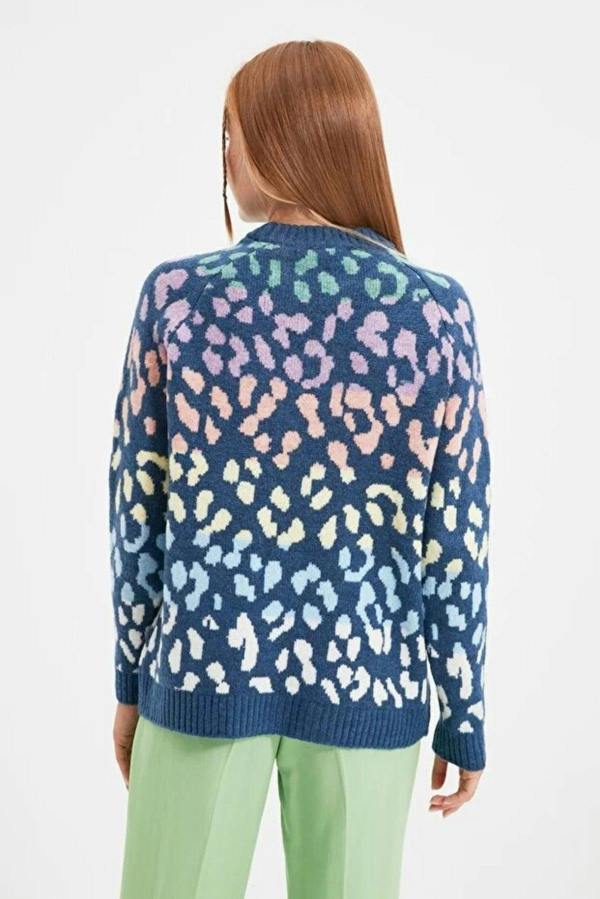 WOVCOR Soft Textured Knit Sweater with Leopard Pattern