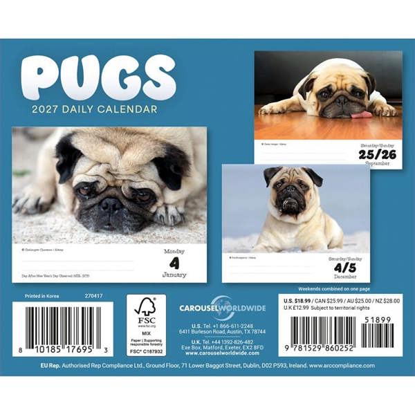 Pugs Desk Calendar 2027, Desk Calendars, Day To View, Dogs, Gift
