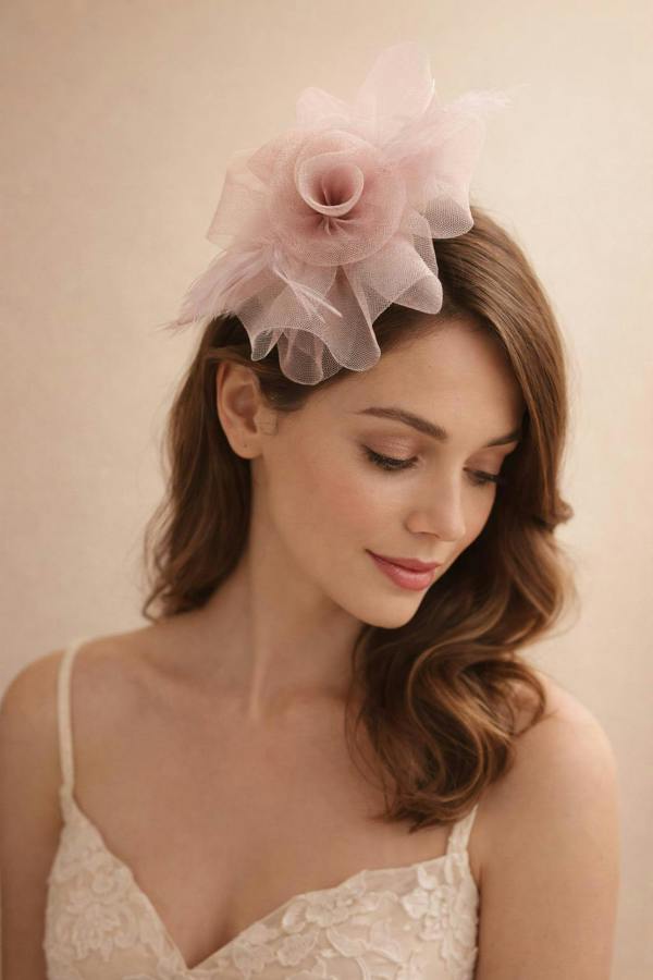 Folded Bow Fascinator with Tipped Feathers in Pink - svnx