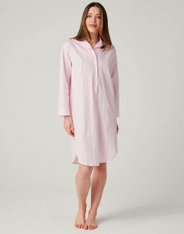 British Boxers Women's Cotton Nightshirt – Shell Pink Satin Stripe