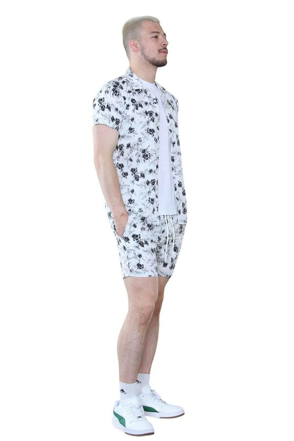 Men's Black and White Floral Co-Ord Set - Shirt and Shorts