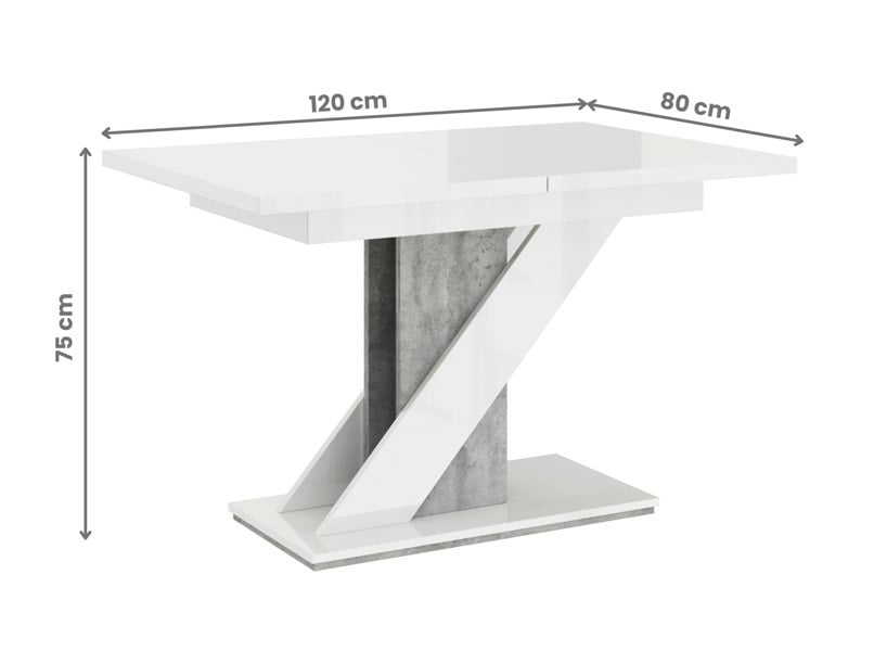 Space-saving 6 seater extendable dining table MAVEA in white gloss and concrete look.
