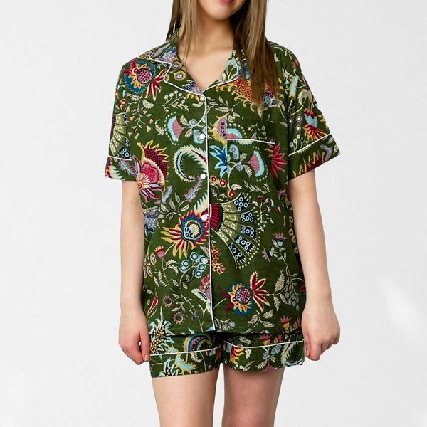 Hayley & Co Green Block Print Floral 100% Cotton Short Pyjama Set
