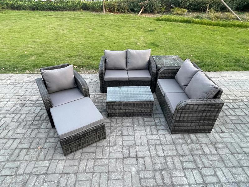 Fimous High Back Garden Set, Loveseat Sofa, Coffee Table, Big Footstool and Side Table, Indoor Outdoor Patio Lounge, Dark Grey Mixed