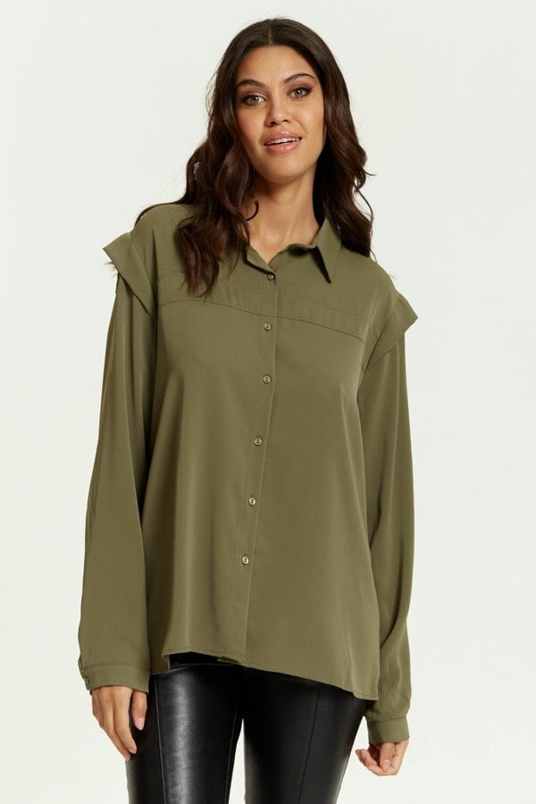 Hoxton Gal Relaxed Fit Shoulder Detailed Long Sleeves Shirt in Khaki
