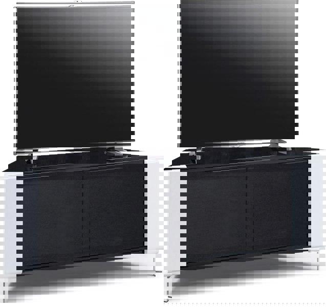 MDA Designs CORVUS Corner-Friendly Gloss Black Contemporary Cabinet with White Profiles Black BeamThru Glass Doors for Flat Screen TVs up to 50"