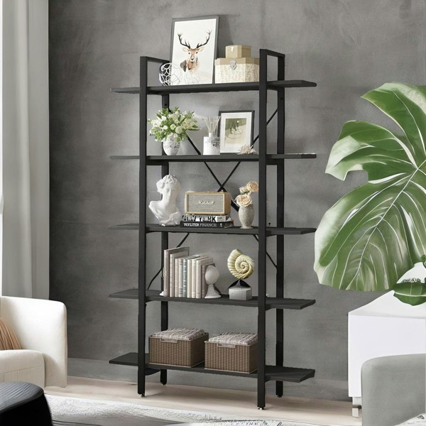 Rafaelo Mobilia Industrial 5 Tier Black Bookcase